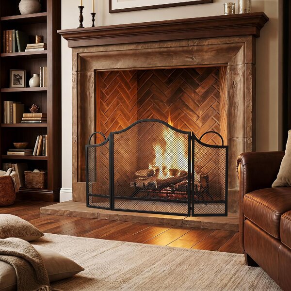 DecHome Parascintille Camino Pieghevole a 3 Pannelli in Metallo Verniciato 122x1x74 cm colore Nero