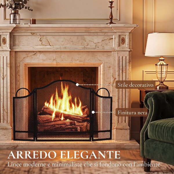 DecHome Parascintille Camino Pieghevole a 3 Pannelli in Metallo Verniciato 122x1x74 cm colore Nero