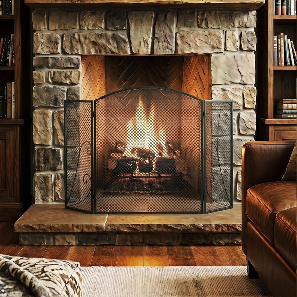 DecHome Parascintille Camino Pieghevole a 3 Pannelli in Metallo Verniciato 133x1x77 cm colore Nero