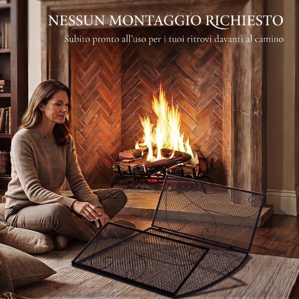 DecHome Parascintille Camino Pieghevole a 3 Pannelli in Metallo Verniciato 133x1x77 cm colore Nero