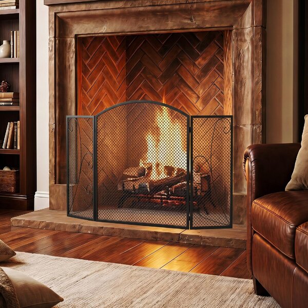 DecHome Parascintille Camino Pieghevole a 3 Pannelli in Metallo Verniciato 133x1x77 cm colore Nero