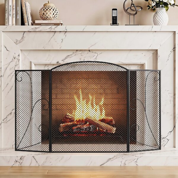 DecHome Parascintille Camino Pieghevole a 3 Pannelli in Metallo Verniciato 133x1x77 cm colore Nero