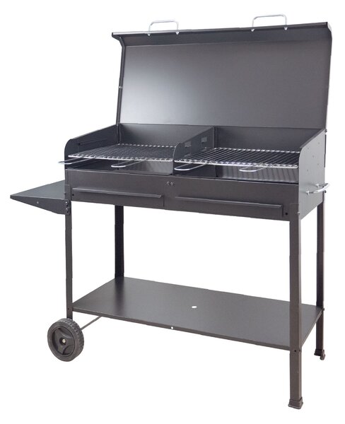 Barbecue a Carbone Vanessa 100x40x90h cm con Coperchio e Ruote Struttura in Acciaio Nero
