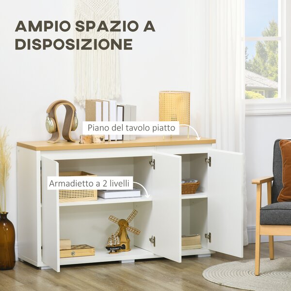 HOMCOM Mobile Multiuso con 2 Armadietti a 2 Livelli in Truciolato, Ripiano regolabile, 120x37x75cm Bianco e Color legno|Aosom
