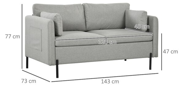 HOMCOM Divano 2 Posti per Soggiorno in Tessuto Effetto Lino e Acciaio con Tasche Laterali, 143x73x77cm, Grigio|Aosom