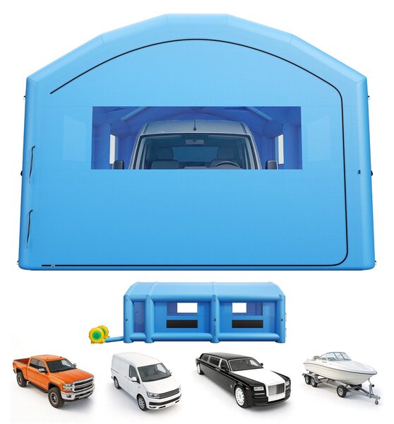 Cabina di verniciatura gonfiabile, tenda per verniciatura - cabina di verniciatura 10 x 6 x 4 m - Dotata di ventilatori da 950 W e 1100 W - Con sistema di filtraggio - Con area spogliatoio - Adatta per auto e pick-up - Portatile, colore blu