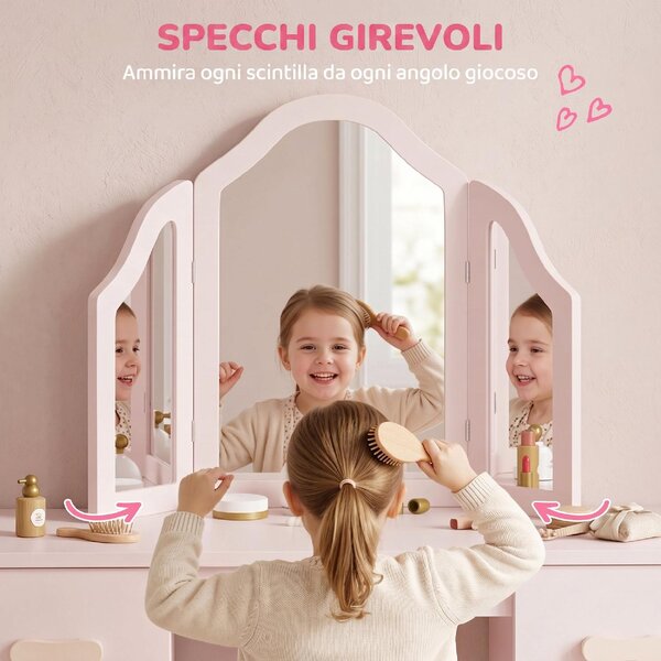 DecHome Set Toeletta per Bambini 3+ Anni con Sgabello Specchi Cassetti e Armadietti in Legno colore Rosa