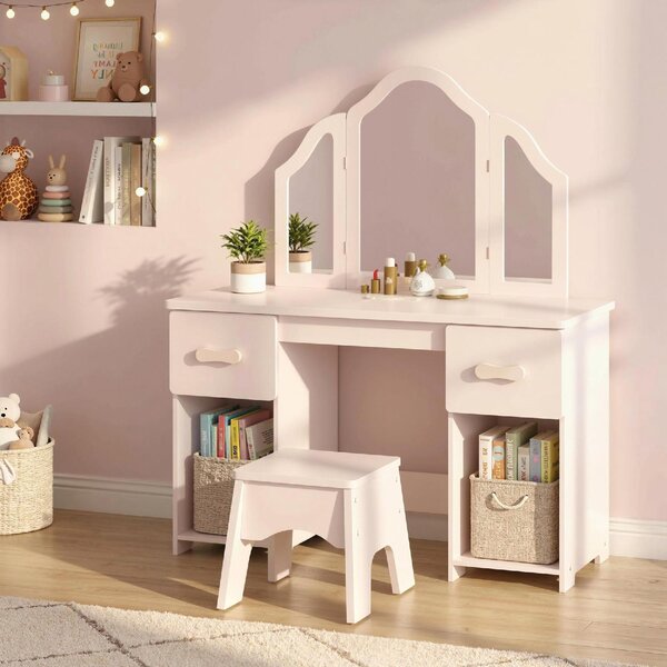 DecHome Set Toeletta per Bambini 3+ Anni con Sgabello Specchi Cassetti e Armadietti in Legno colore Rosa