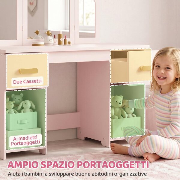 DecHome Set Toeletta per Bambini 3+ Anni con Sgabello Specchi Cassetti e Armadietti in Legno colore Rosa