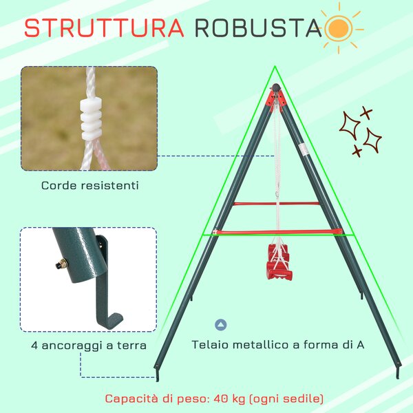 Outsunny Altalena Doppia da Giardino per Bambini in Metallo, 239x156x180 cm, Verde | Aosom Italy