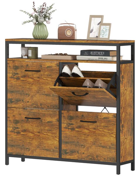 HOMCOM Mobile Portascarpe con 4 cassetti pieghevoli, design stretto, ripiano aperto, per 12-20 paia di scarpe, acciaio, Marrone | Aosom Italy