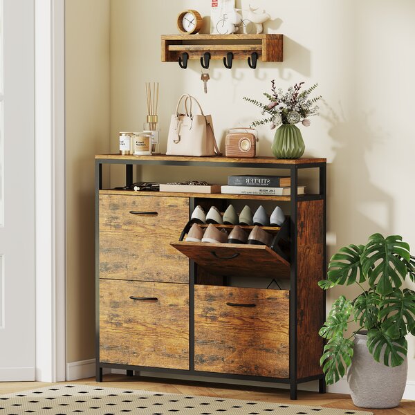 HOMCOM Mobile Portascarpe con 4 cassetti pieghevoli, design stretto, ripiano aperto, per 12-20 paia di scarpe, acciaio, Marrone | Aosom Italy