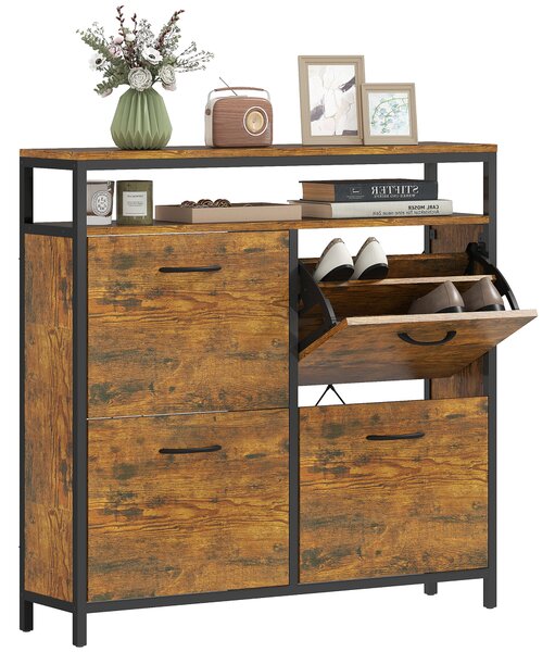 HOMCOM Mobile Portascarpe con 4 cassetti pieghevoli, design stretto, ripiano aperto, per 12-20 paia di scarpe, acciaio, Marrone | Aosom Italy