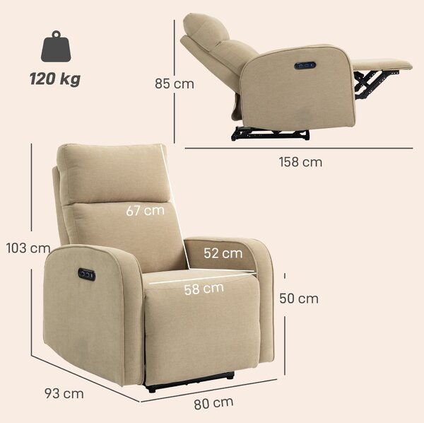 HOMCOM Poltrona Reclinabile Elettrica in Ciniglia con Poggiapiedi, Poggiatesta Regolabile e Prese, 80x93x103 cm, Beige | Aosom Italy