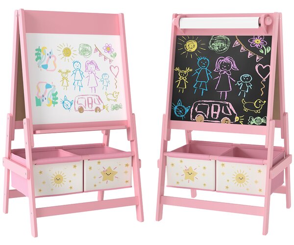 AIYAPLAY Lavagna per Bambini 3 in 1 con Cavalletto, Rotolo di Carta e 2 Cestelli, in Legno, 54x46x94 cm, Rosa | Aosom Italy