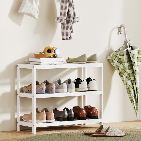 HOMCOM Scaffale Scarpiera in bambù a 3 Livelli per 9 Paia di Scarpe, Finitura laccata, 70x26x55cm, Bianco | Aosom Italy