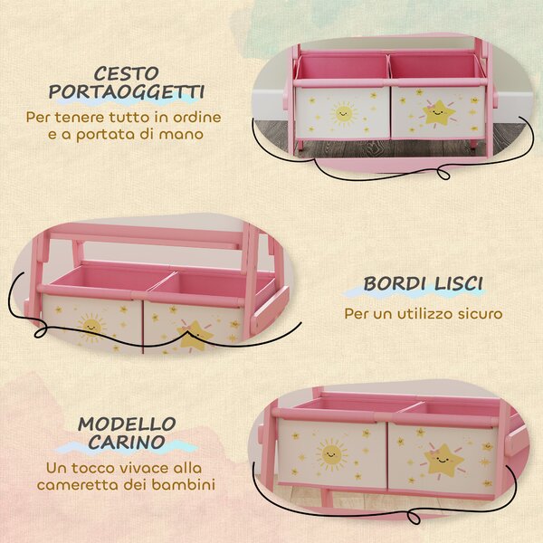 AIYAPLAY Lavagna per Bambini 3 in 1 con Cavalletto, Rotolo di Carta e 2 Cestelli, in Legno, 54x46x94 cm, Rosa | Aosom Italy