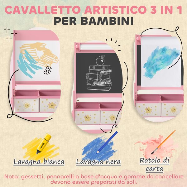 AIYAPLAY Lavagna per Bambini 3 in 1 con Cavalletto, Rotolo di Carta e 2 Cestelli, in Legno, 54x46x94 cm, Rosa | Aosom Italy