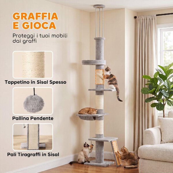 AllMyPets Tiragraffi per Gatti a Soffitto con Altezza 230-260 cm 3 Pali Graffiatoi Amaca in Peluche colore Grigio Chiaro