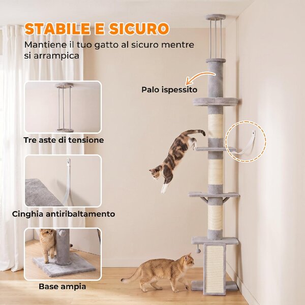 AllMyPets Tiragraffi per Gatti a Soffitto con Altezza 230-260 cm 3 Pali Graffiatoi Amaca in Peluche colore Grigio Chiaro