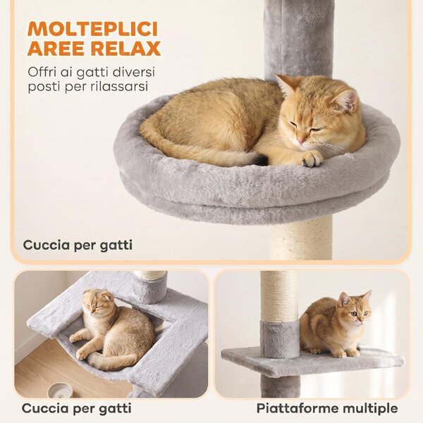 AllMyPets Tiragraffi per Gatti a Soffitto con Altezza 230-260 cm 3 Pali Graffiatoi Amaca in Peluche colore Grigio Chiaro