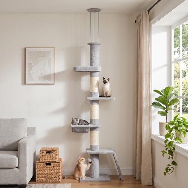 AllMyPets Tiragraffi per Gatti a Soffitto con Altezza 230-260 cm 3 Pali Graffiatoi Amaca in Peluche colore Grigio Chiaro