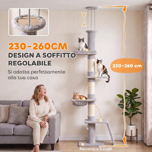 AllMyPets Tiragraffi per Gatti a Soffitto con Altezza 230-260 cm 3 Pali Graffiatoi Amaca in Peluche colore Grigio Chiaro