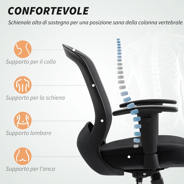 HOMCOM Sedia da Ufficio Traspirante e Reclinabile ad Altezza Regolabile, in Tessuto a Rete, 65x59x92.5-102.5 cm, Nero | Aosom Italy