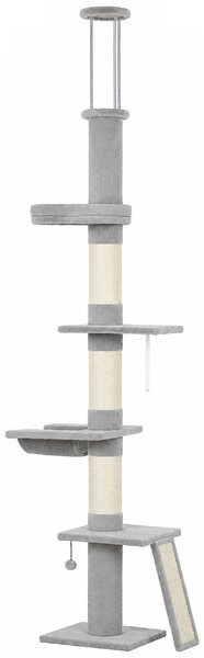 AllMyPets Tiragraffi per Gatti a Soffitto con Altezza 230-260 cm 3 Pali Graffiatoi Amaca in Peluche colore Grigio Chiaro