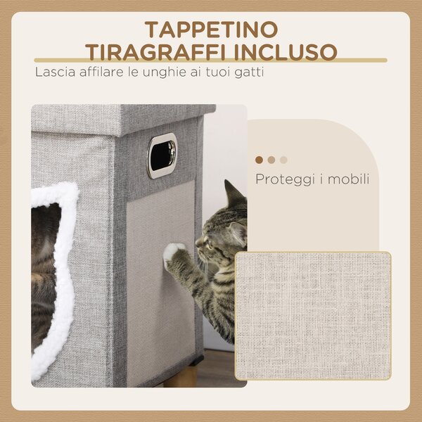 PawHut Casetta per Gatti con Tiragraffi, Cuscino e Pallina, in Legno e Poliestere, 35.5x35.5x42.5 cm, Crema e Grigio | Aosom Italy