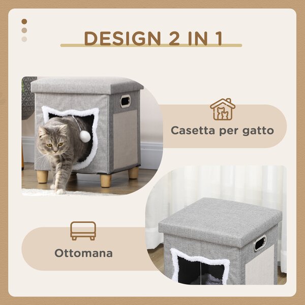 PawHut Casetta per Gatti con Tiragraffi, Cuscino e Pallina, in Legno e Poliestere, 35.5x35.5x42.5 cm, Crema e Grigio | Aosom Italy
