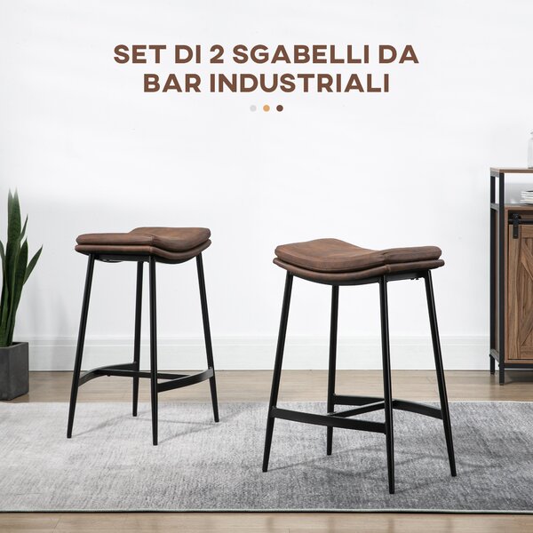 HOMCOM Set 2 Sgabelli da Bar in Stile Industriale con Poggiapiedi, in Finta Pelle, 48.5x38.5x68.5 cm, Nero e Marrone | Aosom Italy