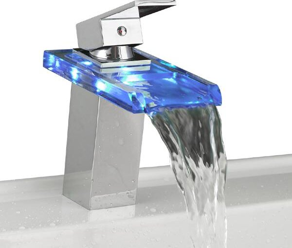Rubinetto per lavabo da bagno in vetro con cascata LED RGB cromato | Rubinetto per lavabo | Miscelatore monocomando per lavabo | Miscelatore monocomando per bagno