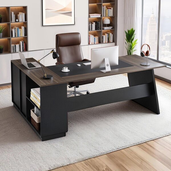 Scrivania angolare a L - Scrivania direzionale/computer - Con cassetti e armadietto - Robusto piano in legno - Portata 158,7 kg - Marrone/nero