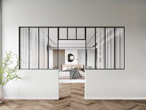 Vetrata atelier con sopraluce 2xL120xH130 + L83xH40cm in Alluminio termolaccato Nero - Lotto di 2 - BAYVIEW