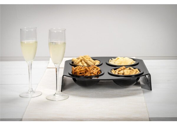 Vassoio quadrato porta aperitivi 4 scomparti Dimensioni 28,5x29,5x h 8 cm, spessore 6 mm adatto a servire dolci, aperitivi e salatini colore nero lucido