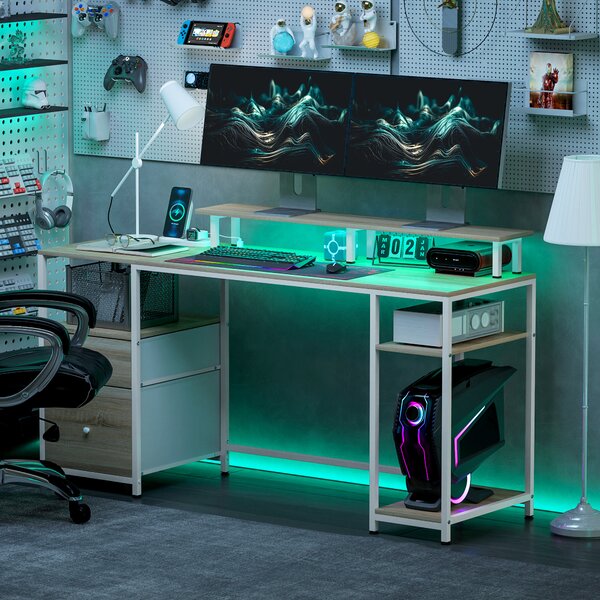 HOMCOM Scrivania per computer, con luci LED regolabili, 2 prese, porte USB, cassetti e ripiani 155,5x48x88,5cm Legno naturale | Aosom Italy
