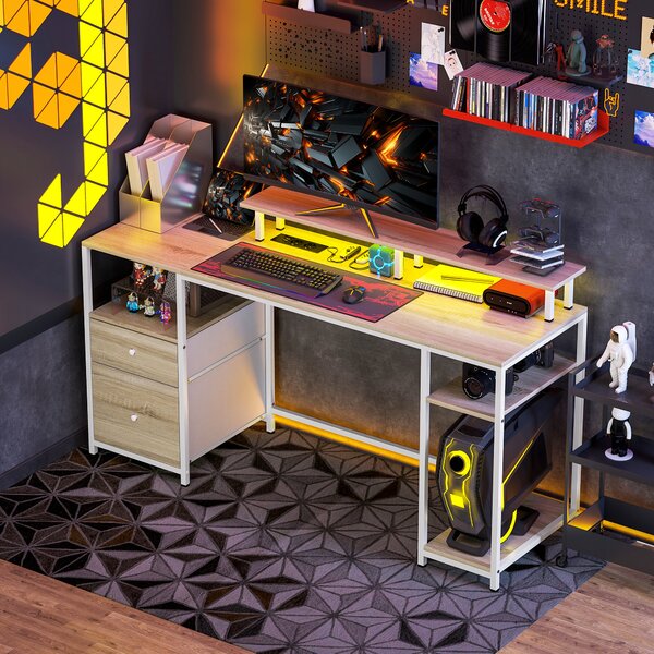 HOMCOM Scrivania per computer, con luci LED regolabili, 2 prese, porte USB, cassetti e ripiani 155,5x48x88,5cm Legno naturale | Aosom Italy