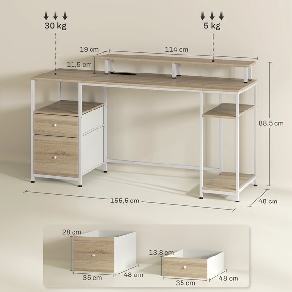 HOMCOM Scrivania per computer, con luci LED regolabili, 2 prese, porte USB, cassetti e ripiani 155,5x48x88,5cm Legno naturale | Aosom Italy