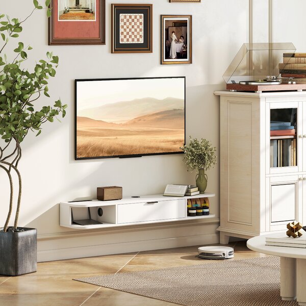 HOMCOM Mobile TV sospeso, per televisori fino a 127 cm, cassetto ribaltabile, 2 ripiani 120x24x16cm, Bianco | Aosom Italy