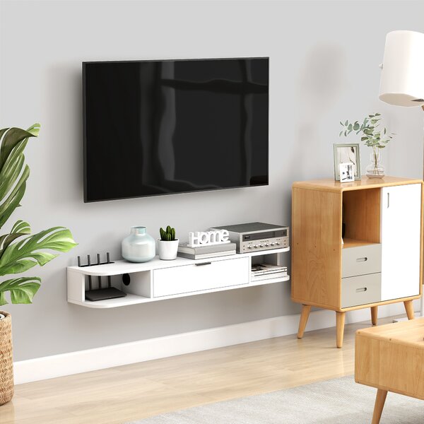 HOMCOM Mobile TV sospeso, per televisori fino a 127 cm, cassetto ribaltabile, 2 ripiani 120x24x16cm, Bianco | Aosom Italy