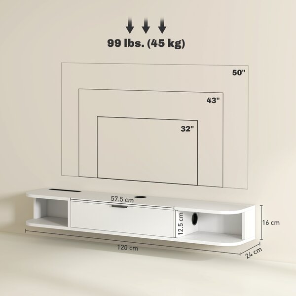 HOMCOM Mobile TV sospeso, per televisori fino a 127 cm, cassetto ribaltabile, 2 ripiani 120x24x16cm, Bianco | Aosom Italy