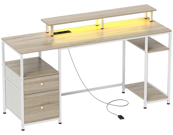 HOMCOM Scrivania per computer, con luci LED regolabili, 2 prese, porte USB, cassetti e ripiani 155,5x48x88,5cm Legno naturale | Aosom Italy
