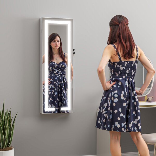 HOMCOM Specchio portagioie con LED da parete, con chiave, 37 x 10,5 x 108 cm, Bianco | Aosom Italy