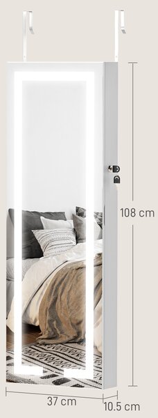 HOMCOM Specchio portagioie con LED da parete, con chiave, 37 x 10,5 x 108 cm, Bianco | Aosom Italy