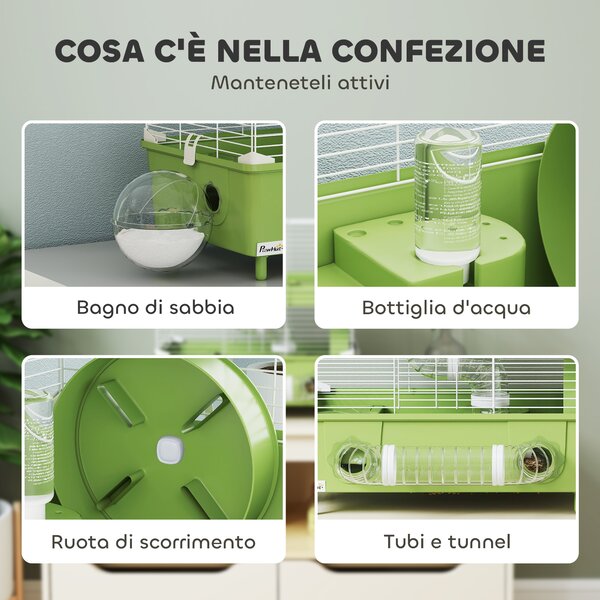 PawHut Gabbia per Criceti a 2 Livelli e 3 Porte con Ruota e Tubi, in Acciaio, PS e PP, 44.5x28x44 cm, Verde e Bianco | Aosom Italy