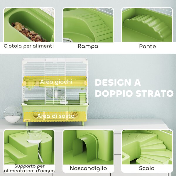 PawHut Gabbia per Criceti a 2 Livelli e 3 Porte con Ruota e Tubi, in Acciaio, PS e PP, 44.5x28x44 cm, Verde e Bianco | Aosom Italy