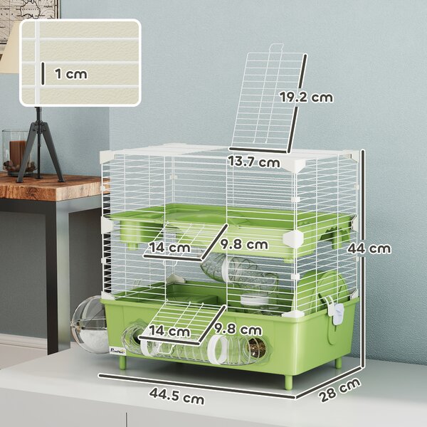 PawHut Gabbia per Criceti a 2 Livelli e 3 Porte con Ruota e Tubi, in Acciaio, PS e PP, 44.5x28x44 cm, Verde e Bianco | Aosom Italy