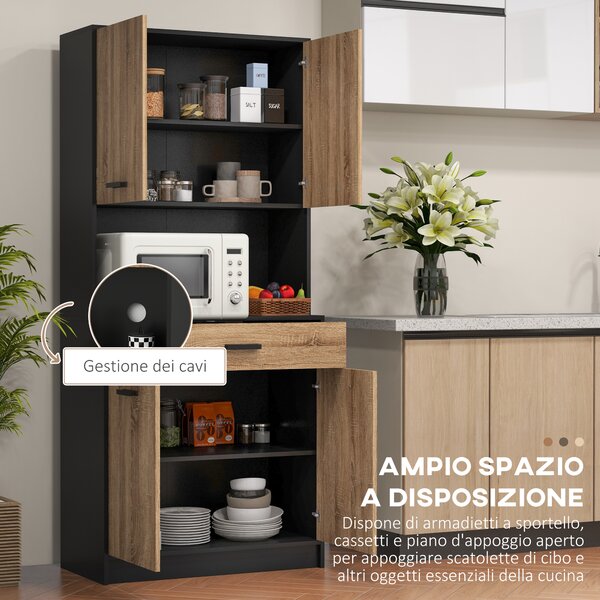 HOMCOM Credenza Cucina in Legno con 2 Armadietti a 2 Ante e Cassetto, 80x40x180 cm, Nero e color Legno | Aosom Italy