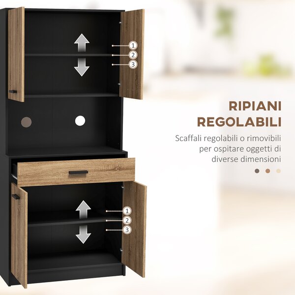 HOMCOM Credenza Cucina in Legno con 2 Armadietti a 2 Ante e Cassetto, 80x40x180 cm, Nero e color Legno | Aosom Italy